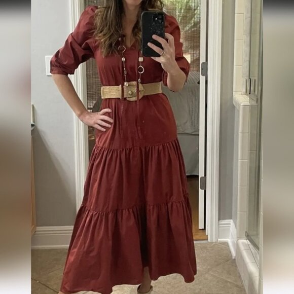 BOSS by Hugo Boss Depera Poplin Tiered Midi-Maxi Dress in Burnt Sienna - Fall! 4 - Picture 7 of 16